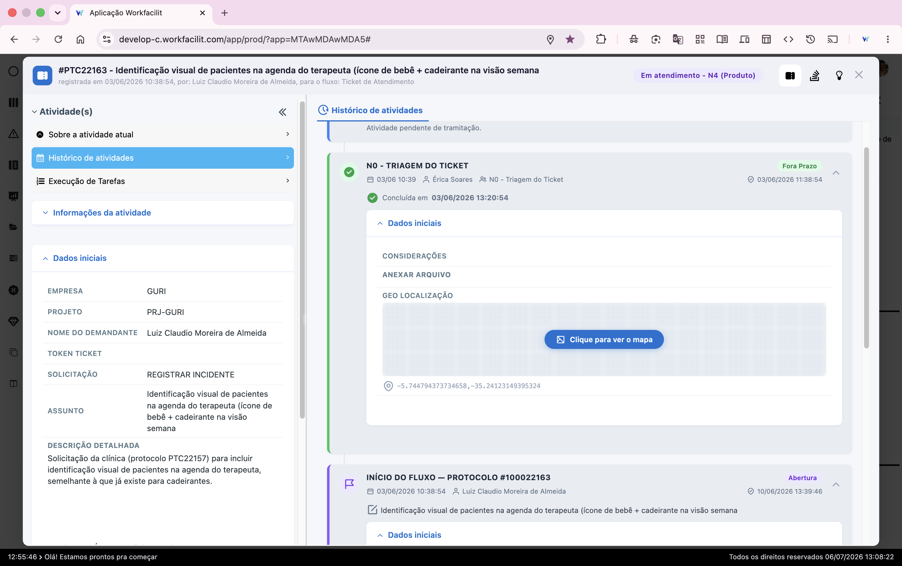 Histórico de atividades e dados da demanda na plataforma Workfacilit